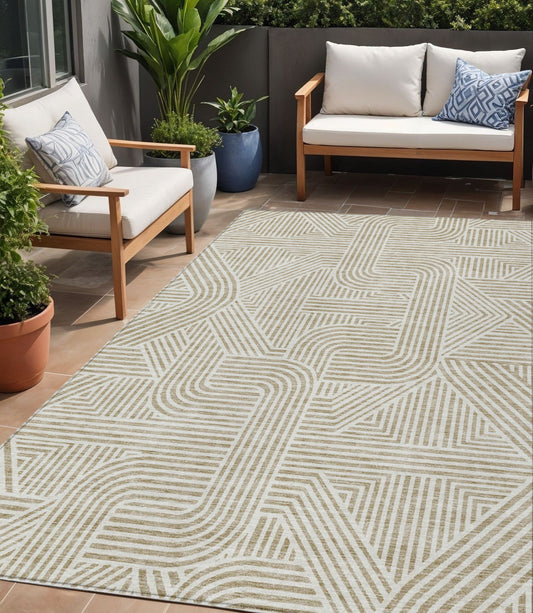 5' X 8' Beige And Brown Abstract Washable Indoor Outdoor Area Rug-0