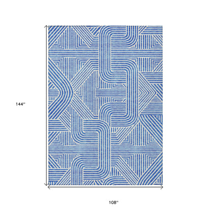 9' X 12' Blue And Ivory Abstract Washable Indoor Outdoor Area Rug-2