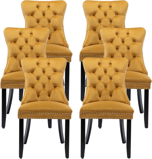 Gold Velvet Dining Room Chairs, Tufted, Ring Pull Trim-0