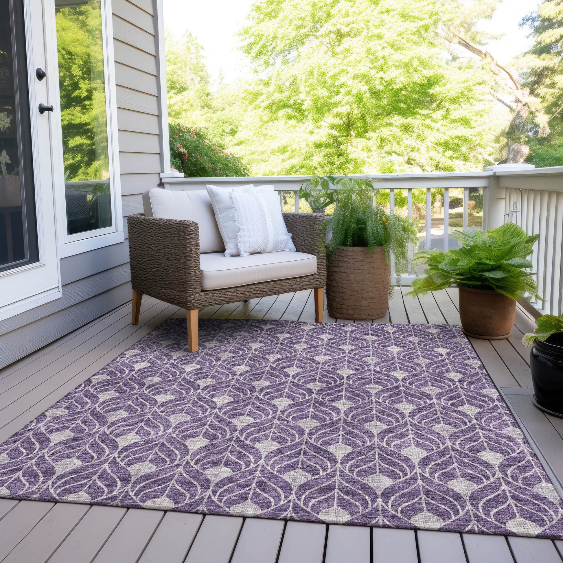 9' X 12' Purple And Ivory Geometric Washable Indoor Outdoor Area Rug-6