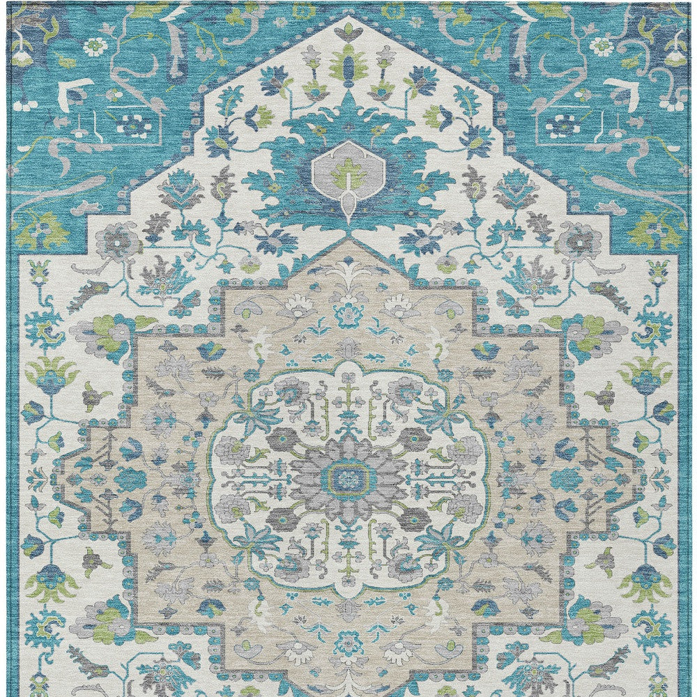 5' X 8' Teal Blue Green And Ivory Oriental Washable Indoor Outdoor Area Rug-6
