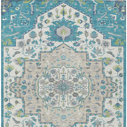 5' X 8' Teal Blue Green And Ivory Oriental Washable Indoor Outdoor Area Rug-6