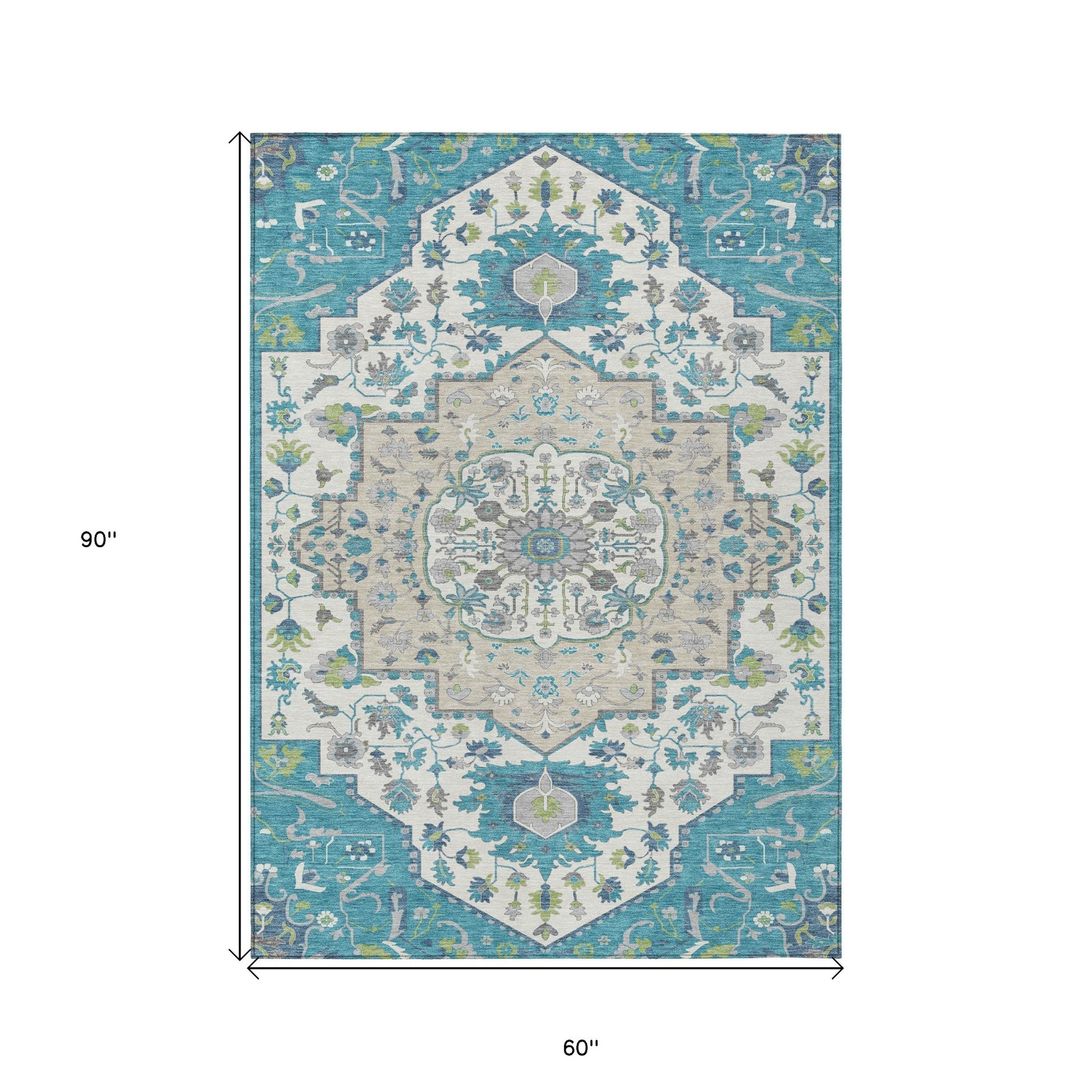 5' X 8' Teal Blue Green And Ivory Oriental Washable Indoor Outdoor Area Rug-2