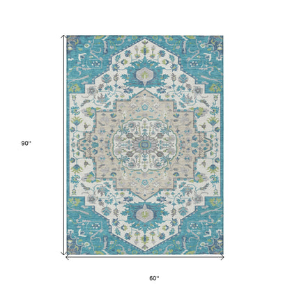 5' X 8' Teal Blue Green And Ivory Oriental Washable Indoor Outdoor Area Rug-2