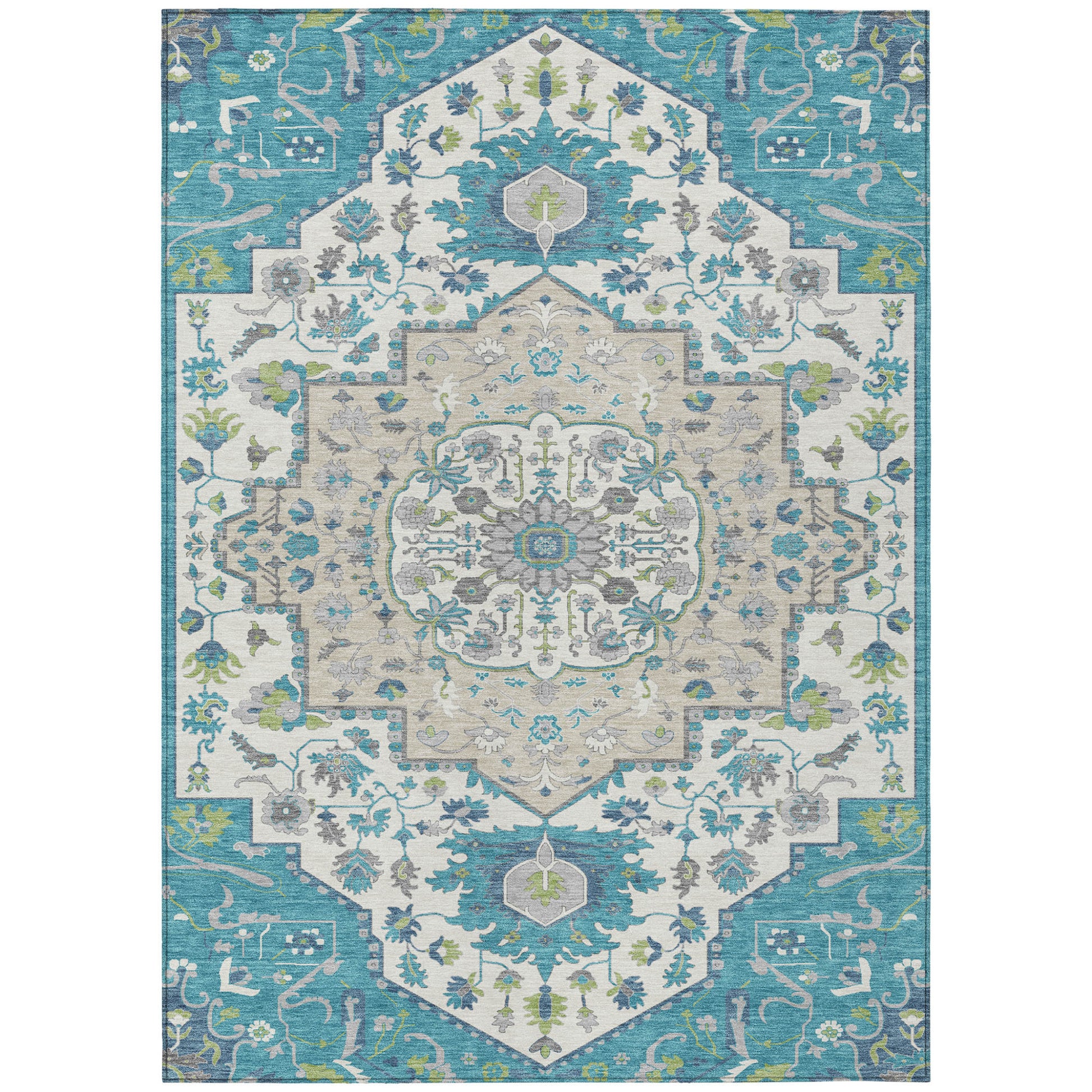 5' X 8' Teal Blue Green And Ivory Oriental Washable Indoor Outdoor Area Rug-1