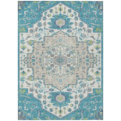 5' X 8' Teal Blue Green And Ivory Oriental Washable Indoor Outdoor Area Rug-1
