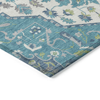 5' X 8' Teal Blue Green And Ivory Oriental Washable Indoor Outdoor Area Rug-3