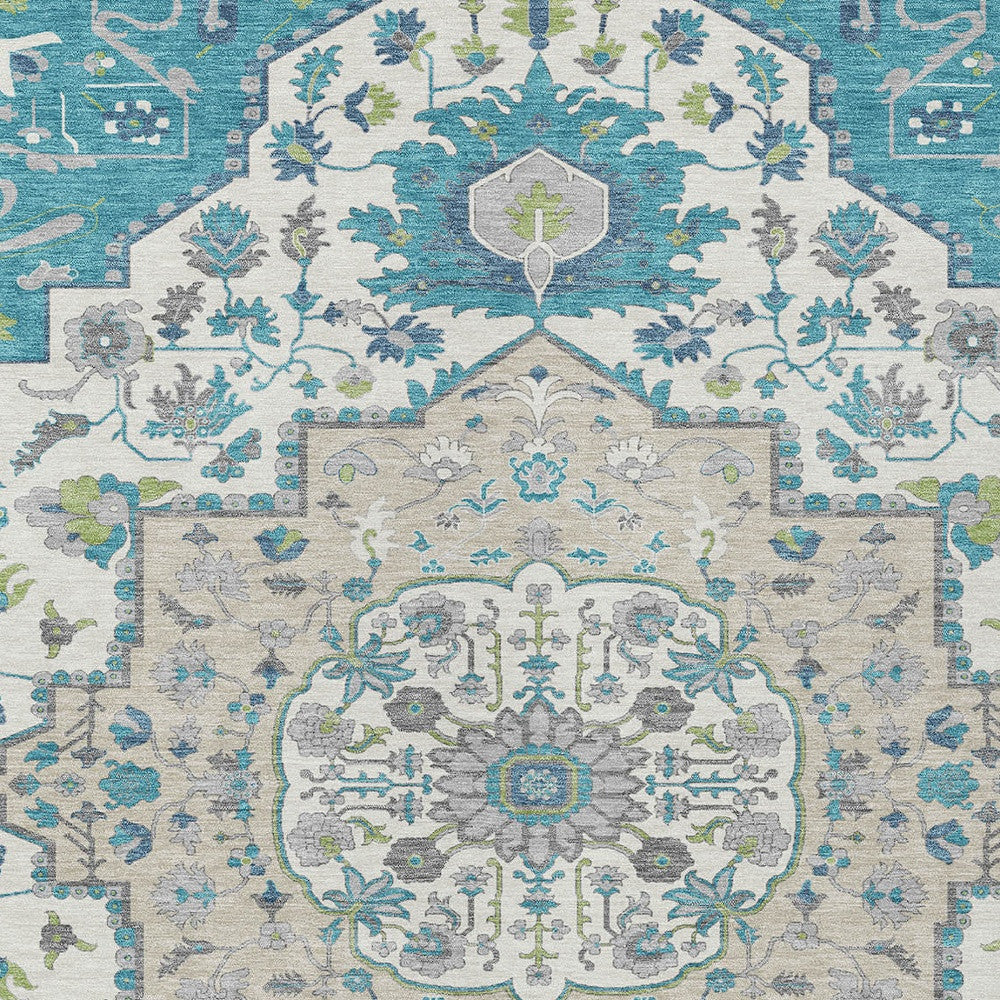 5' X 8' Teal Blue Green And Ivory Oriental Washable Indoor Outdoor Area Rug-5