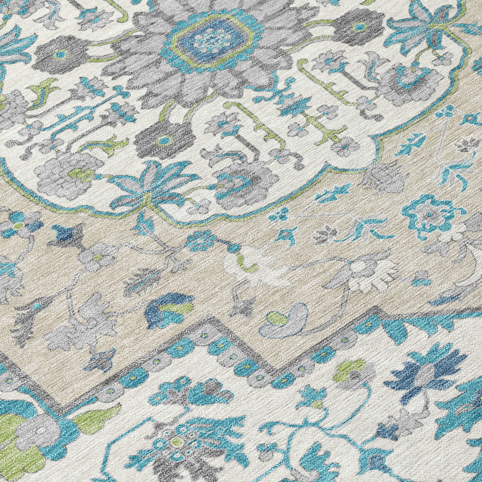 5' X 8' Teal Blue Green And Ivory Oriental Washable Indoor Outdoor Area Rug-4