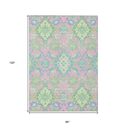 8' X 10' Pink Green And Blue Oriental Washable Indoor Outdoor Area Rug-2