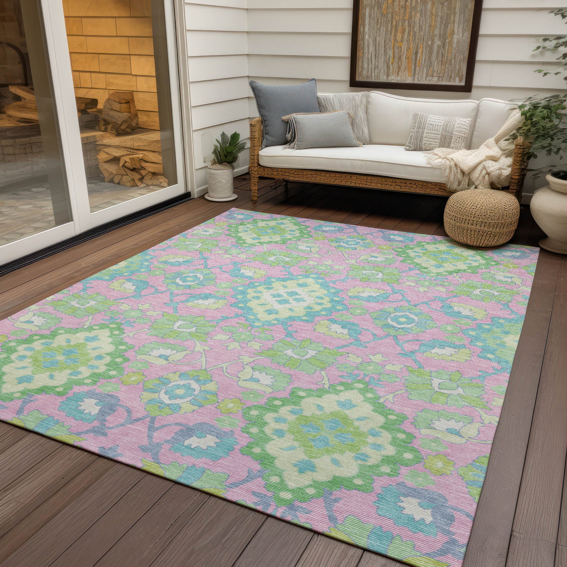 8' X 10' Pink Green And Blue Oriental Washable Indoor Outdoor Area Rug-7