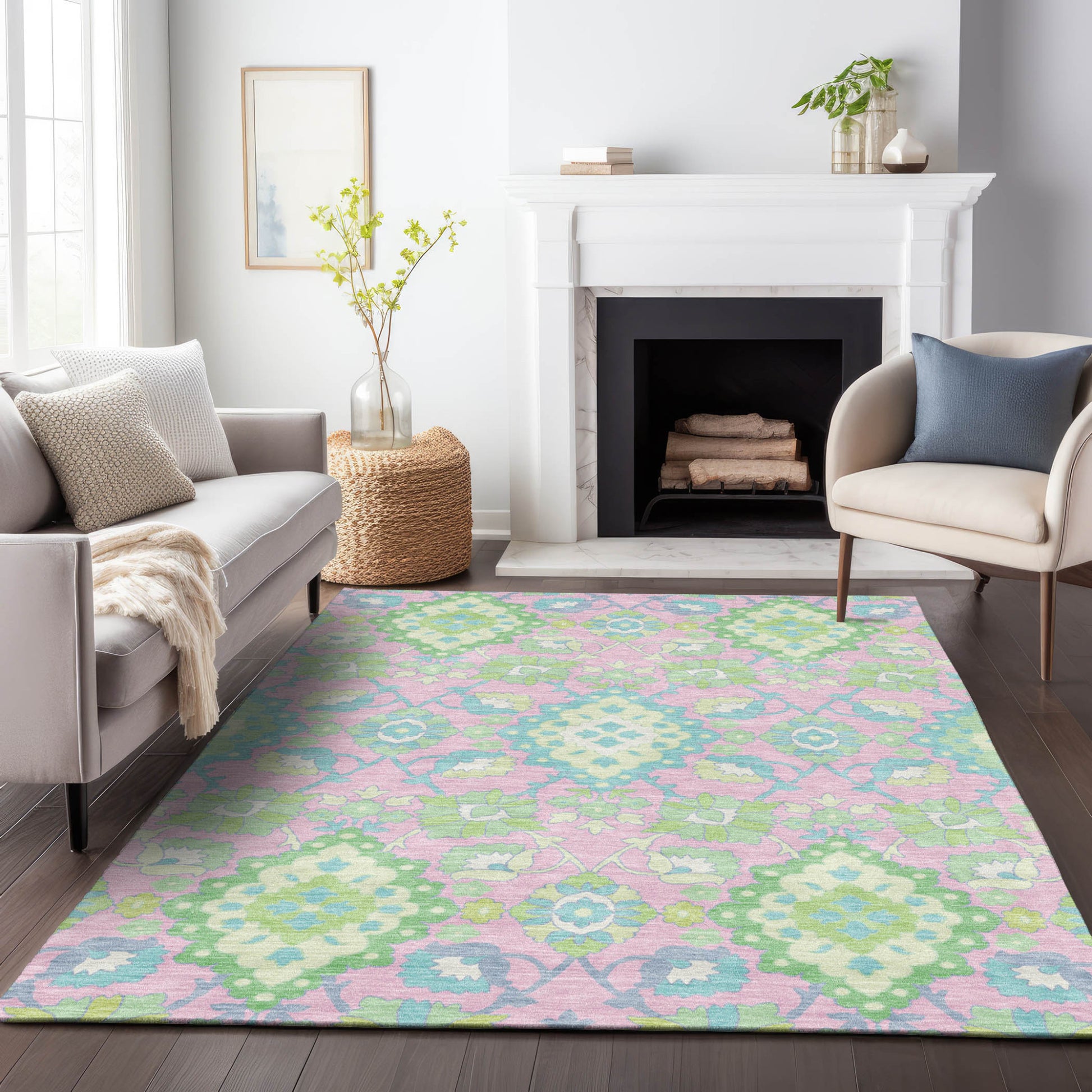 8' X 10' Pink Green And Blue Oriental Washable Indoor Outdoor Area Rug-8