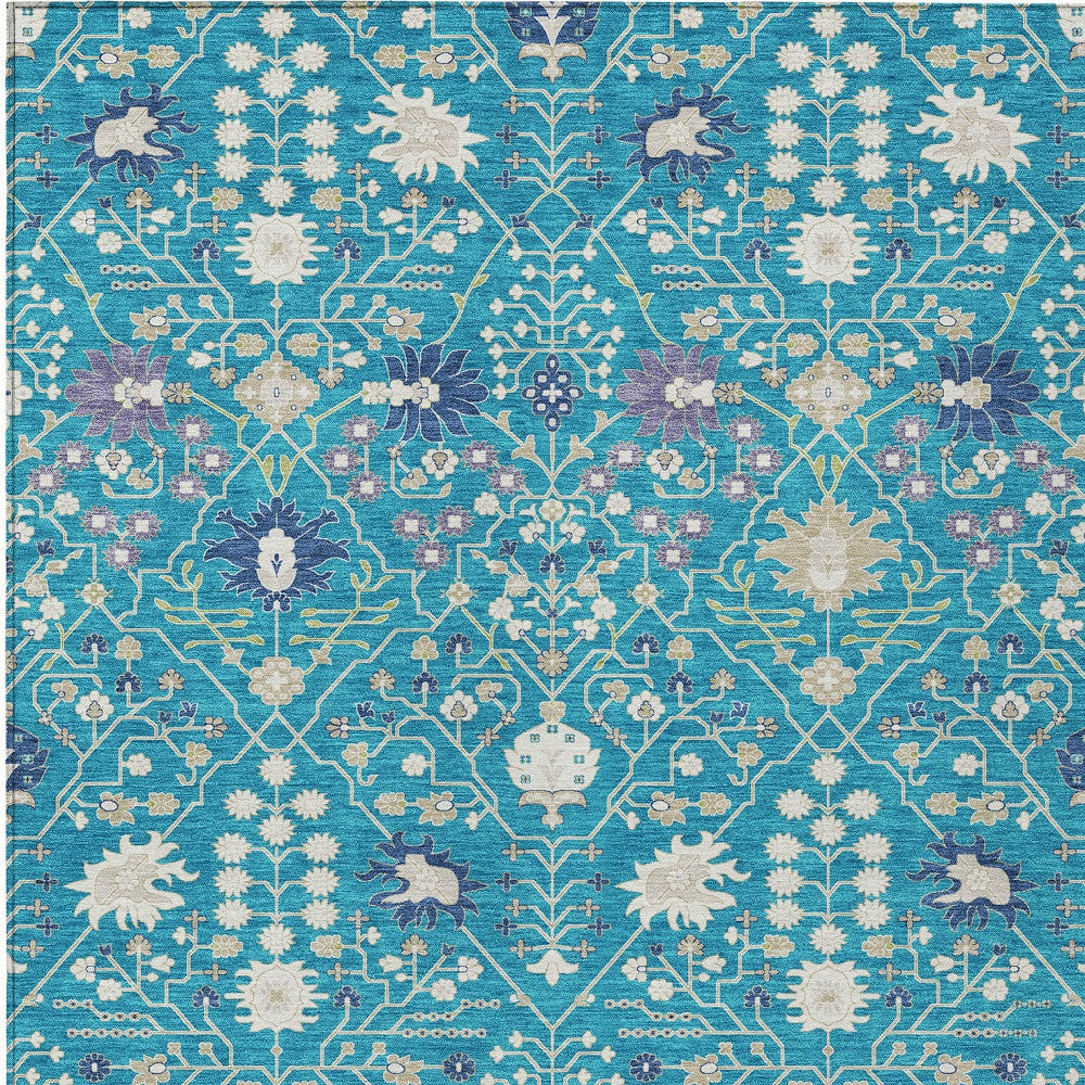 9' X 12' Teal Blue Purple And Ivory Oriental Washable Indoor Outdoor Area Rug-6