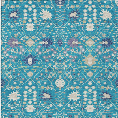 9' X 12' Teal Blue Purple And Ivory Oriental Washable Indoor Outdoor Area Rug-6