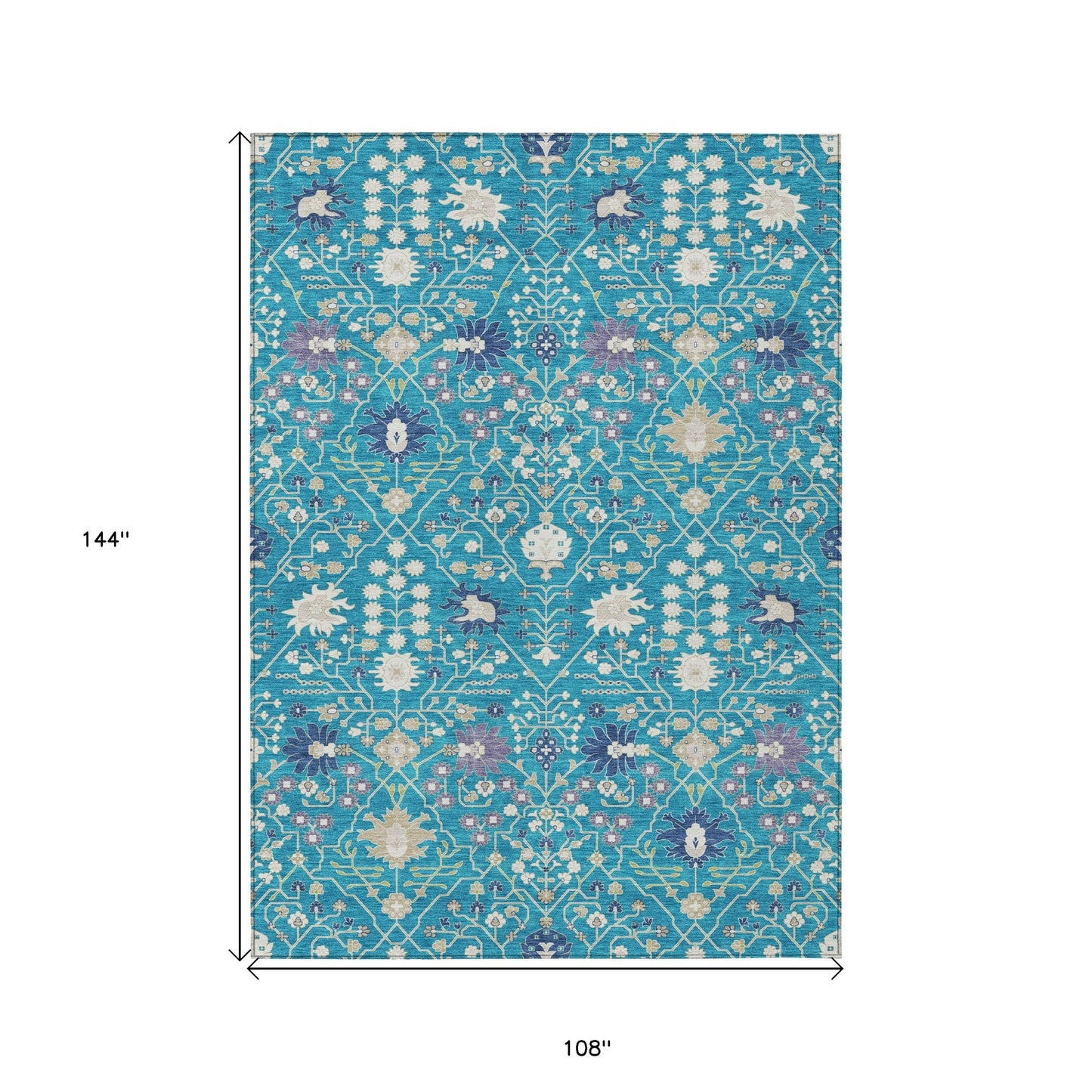9' X 12' Teal Blue Purple And Ivory Oriental Washable Indoor Outdoor Area Rug-2