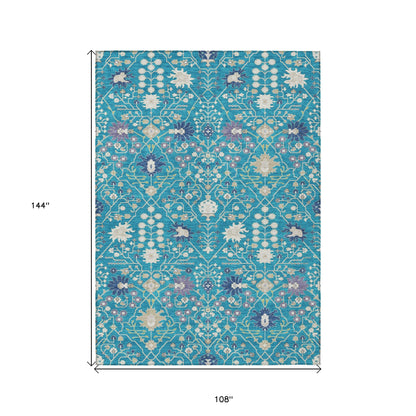9' X 12' Teal Blue Purple And Ivory Oriental Washable Indoor Outdoor Area Rug-2