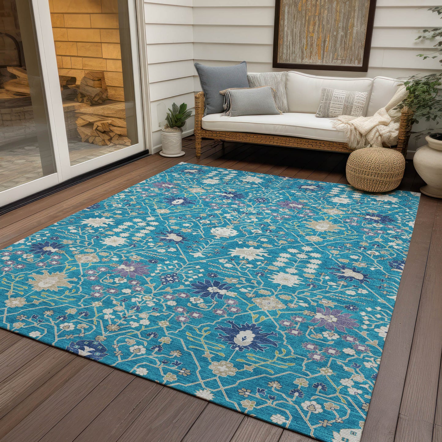 9' X 12' Teal Blue Purple And Ivory Oriental Washable Indoor Outdoor Area Rug-7