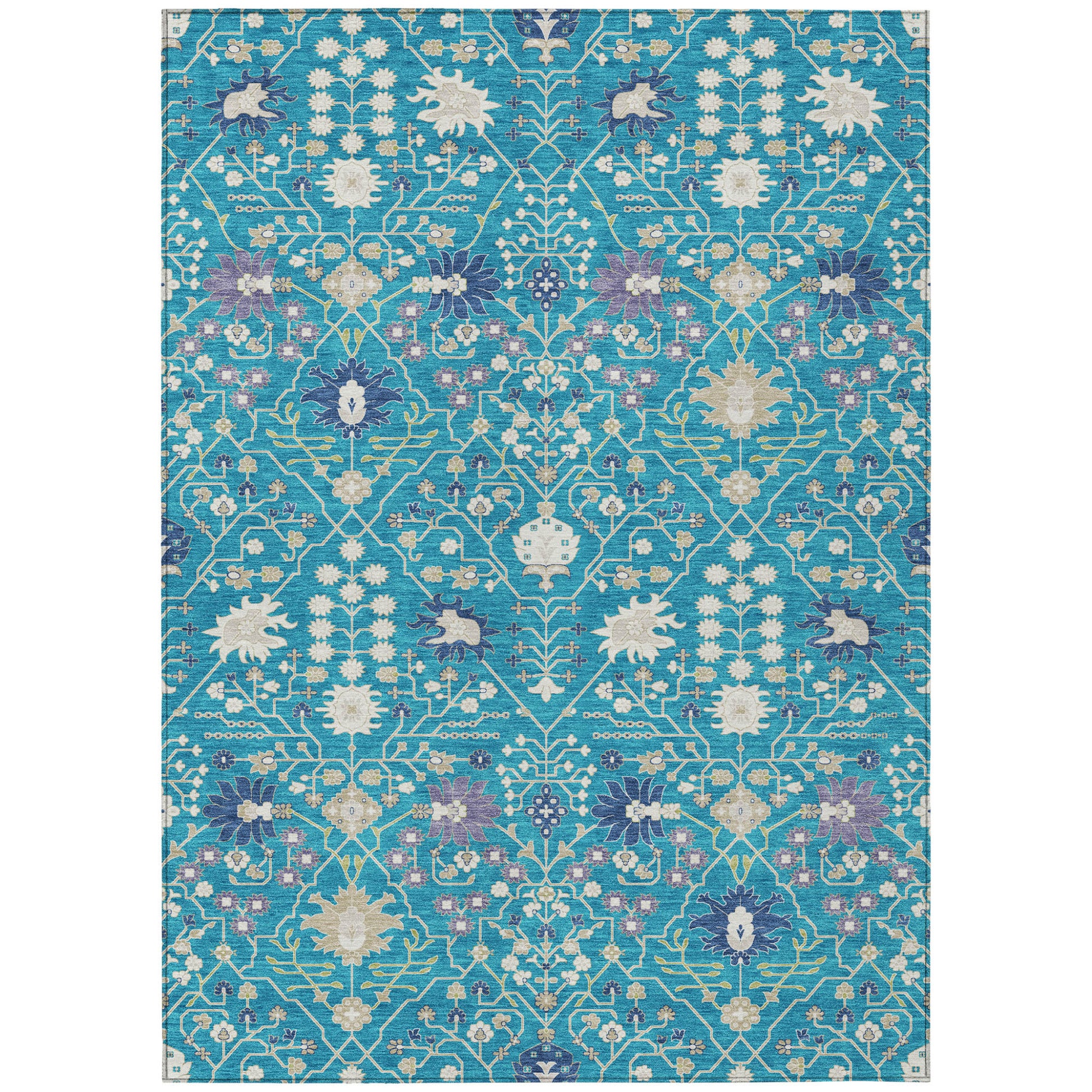 9' X 12' Teal Blue Purple And Ivory Oriental Washable Indoor Outdoor Area Rug-1