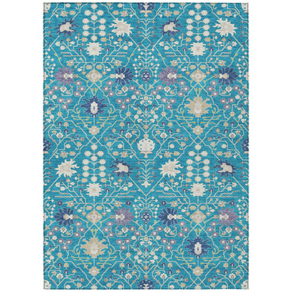 9' X 12' Teal Blue Purple And Ivory Oriental Washable Indoor Outdoor Area Rug-1