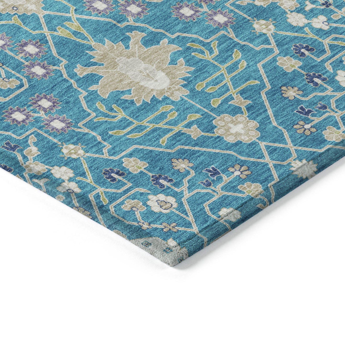 9' X 12' Teal Blue Purple And Ivory Oriental Washable Indoor Outdoor Area Rug-3