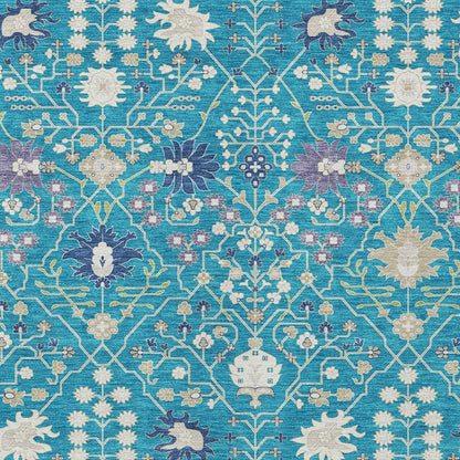 9' X 12' Teal Blue Purple And Ivory Oriental Washable Indoor Outdoor Area Rug-5
