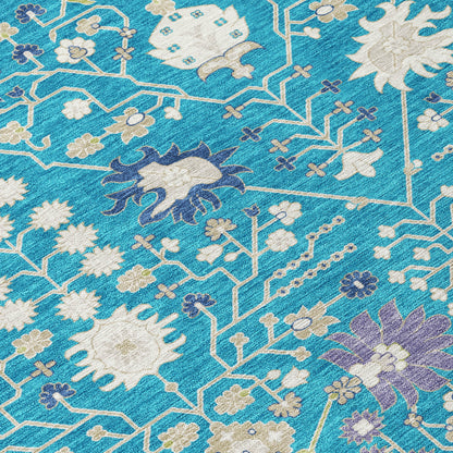 9' X 12' Teal Blue Purple And Ivory Oriental Washable Indoor Outdoor Area Rug-4