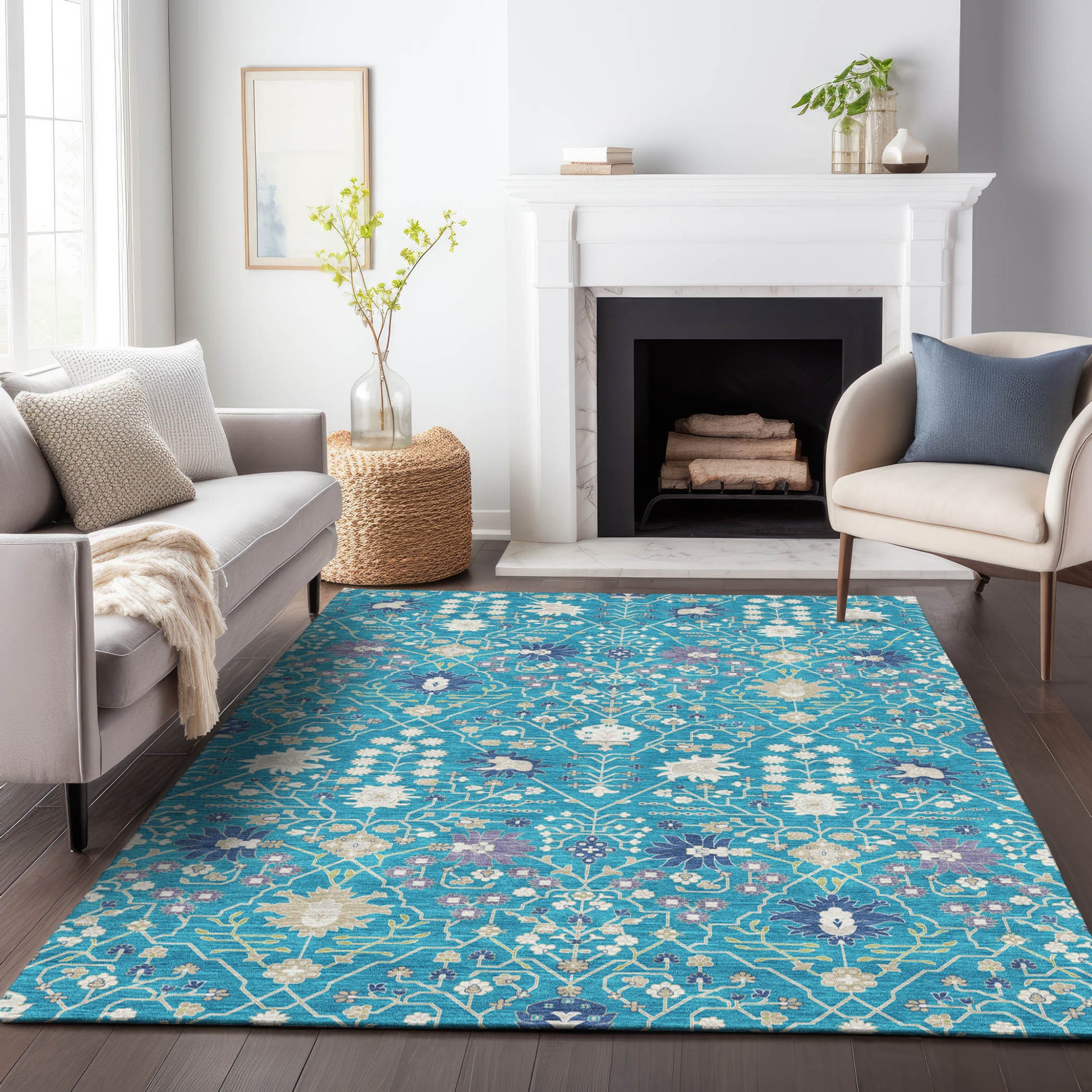 9' X 12' Teal Blue Purple And Ivory Oriental Washable Indoor Outdoor Area Rug-8