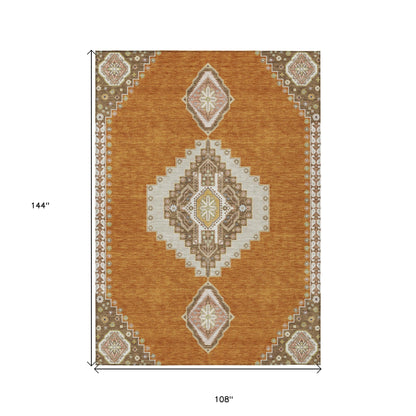 9' X 12' Copper Brown And Ivory Oriental Washable Indoor Outdoor Area Rug-2