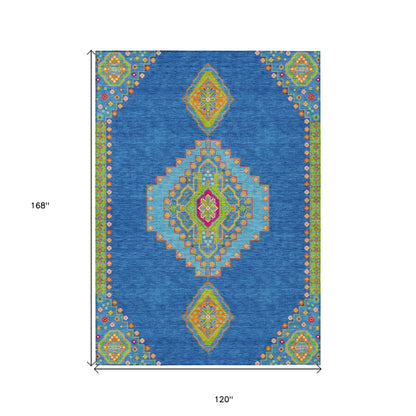 10' X 14' Denim Blue Red And Green Oriental Washable Indoor Outdoor Area Rug-2