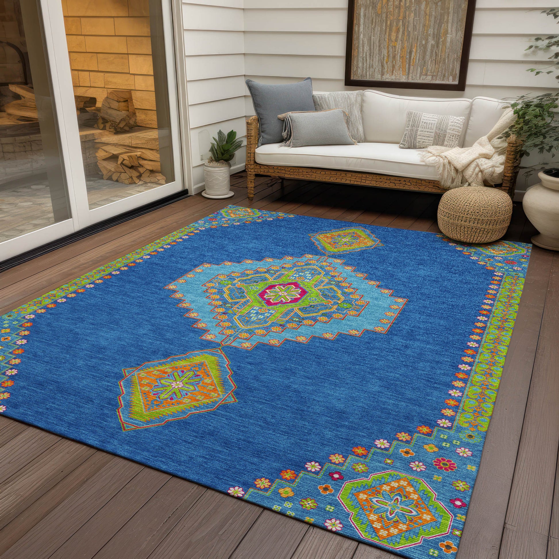 10' X 14' Denim Blue Red And Green Oriental Washable Indoor Outdoor Area Rug-7