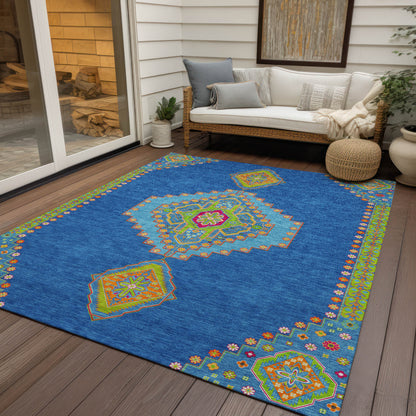 10' X 14' Denim Blue Red And Green Oriental Washable Indoor Outdoor Area Rug-7