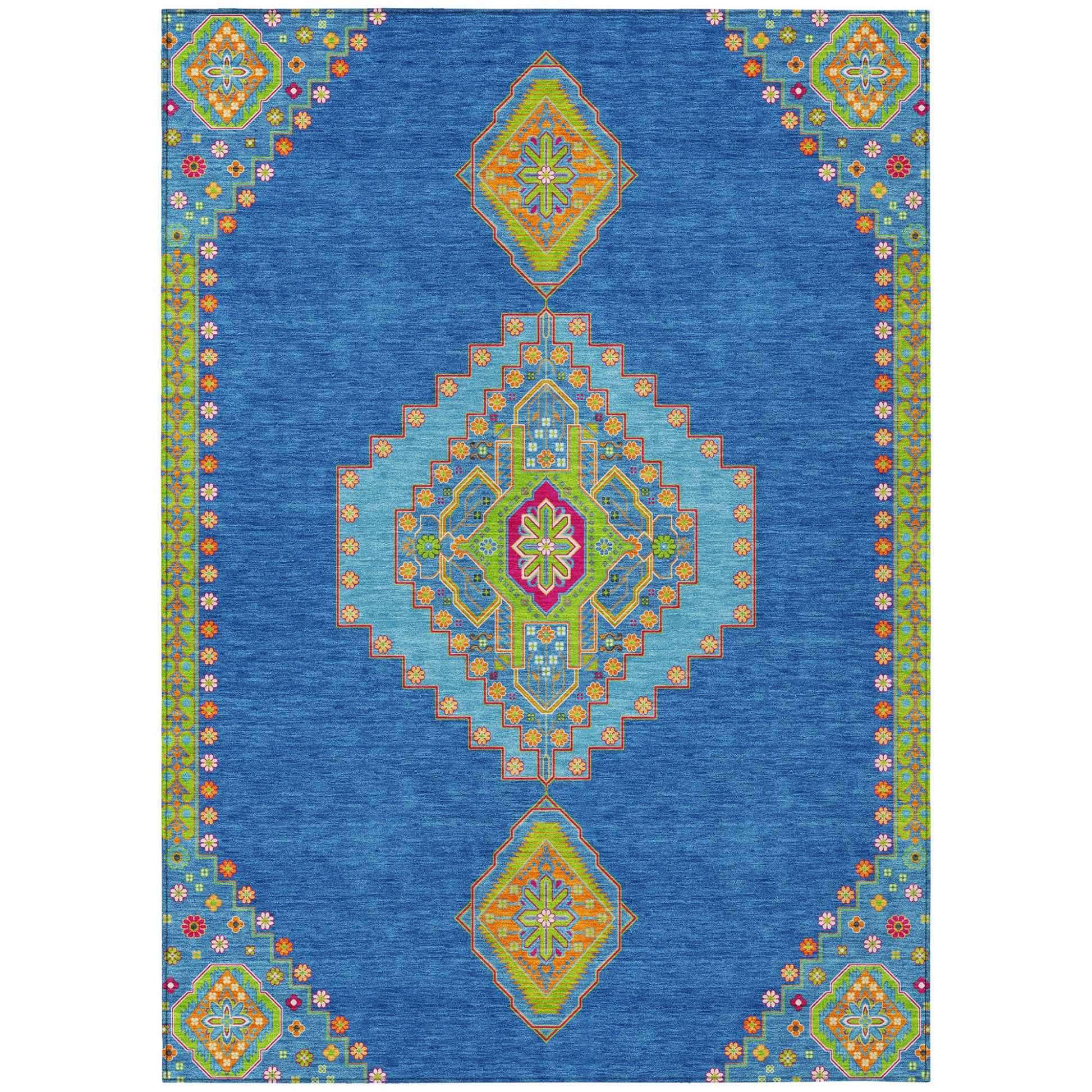 10' X 14' Denim Blue Red And Green Oriental Washable Indoor Outdoor Area Rug-1