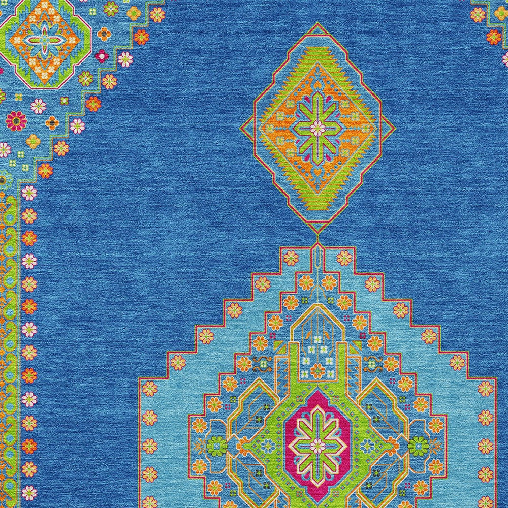 10' X 14' Denim Blue Red And Green Oriental Washable Indoor Outdoor Area Rug-4