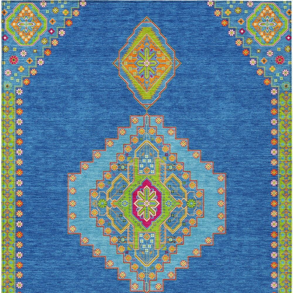 10' X 14' Denim Blue Red And Green Oriental Washable Indoor Outdoor Area Rug-6