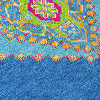 10' X 14' Denim Blue Red And Green Oriental Washable Indoor Outdoor Area Rug-5