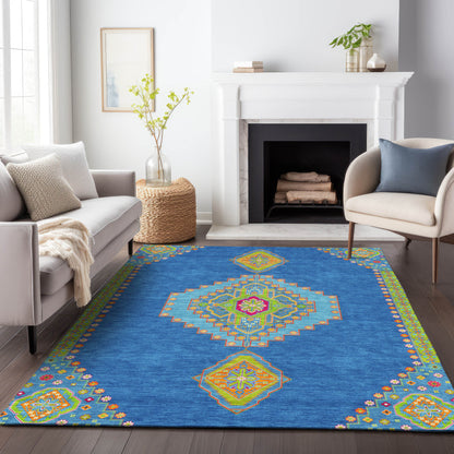 10' X 14' Denim Blue Red And Green Oriental Washable Indoor Outdoor Area Rug-8