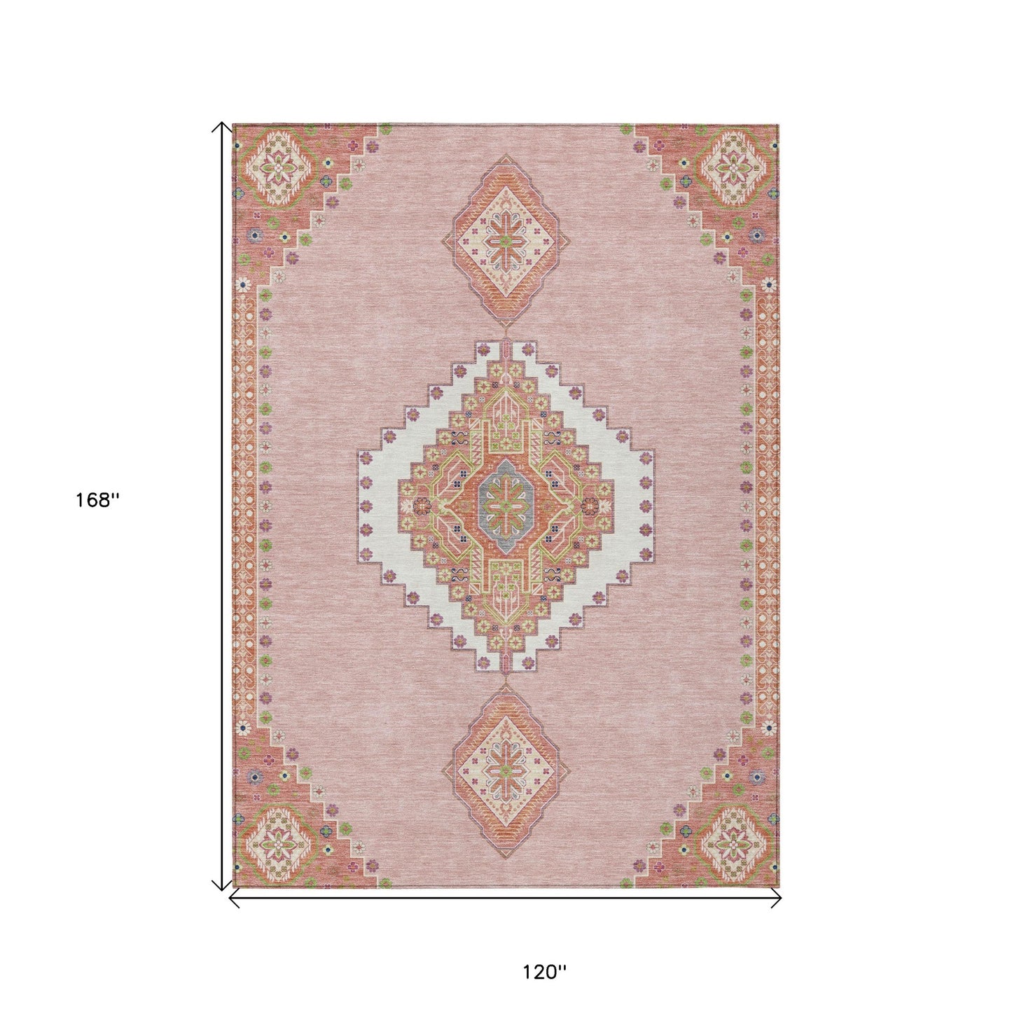 10' X 14' Pink Green And Ivory Oriental Washable Indoor Outdoor Area Rug-2