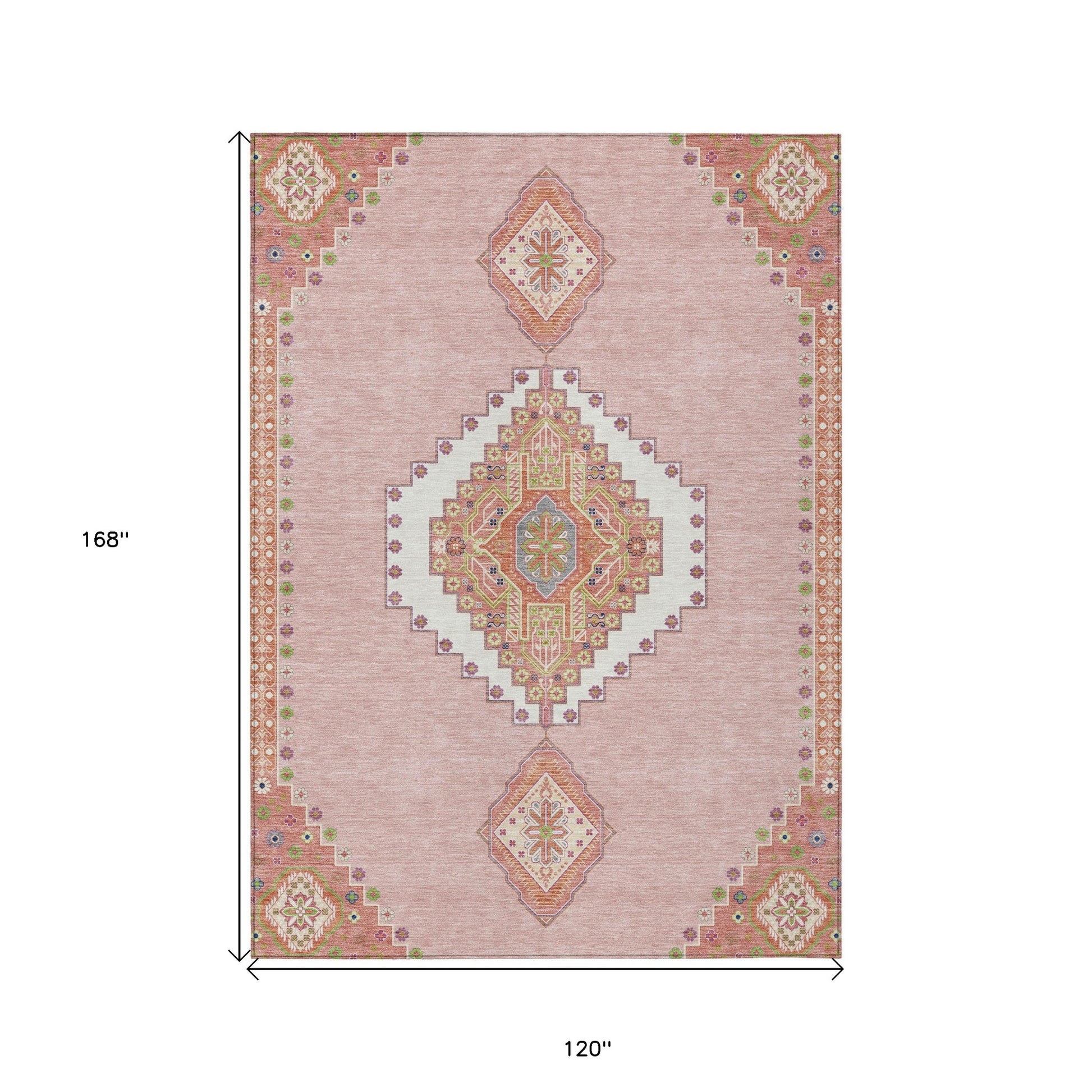 10' X 14' Pink Green And Ivory Oriental Washable Indoor Outdoor Area Rug-2