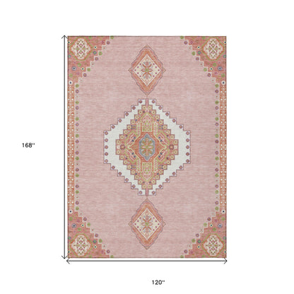 10' X 14' Pink Green And Ivory Oriental Washable Indoor Outdoor Area Rug-2