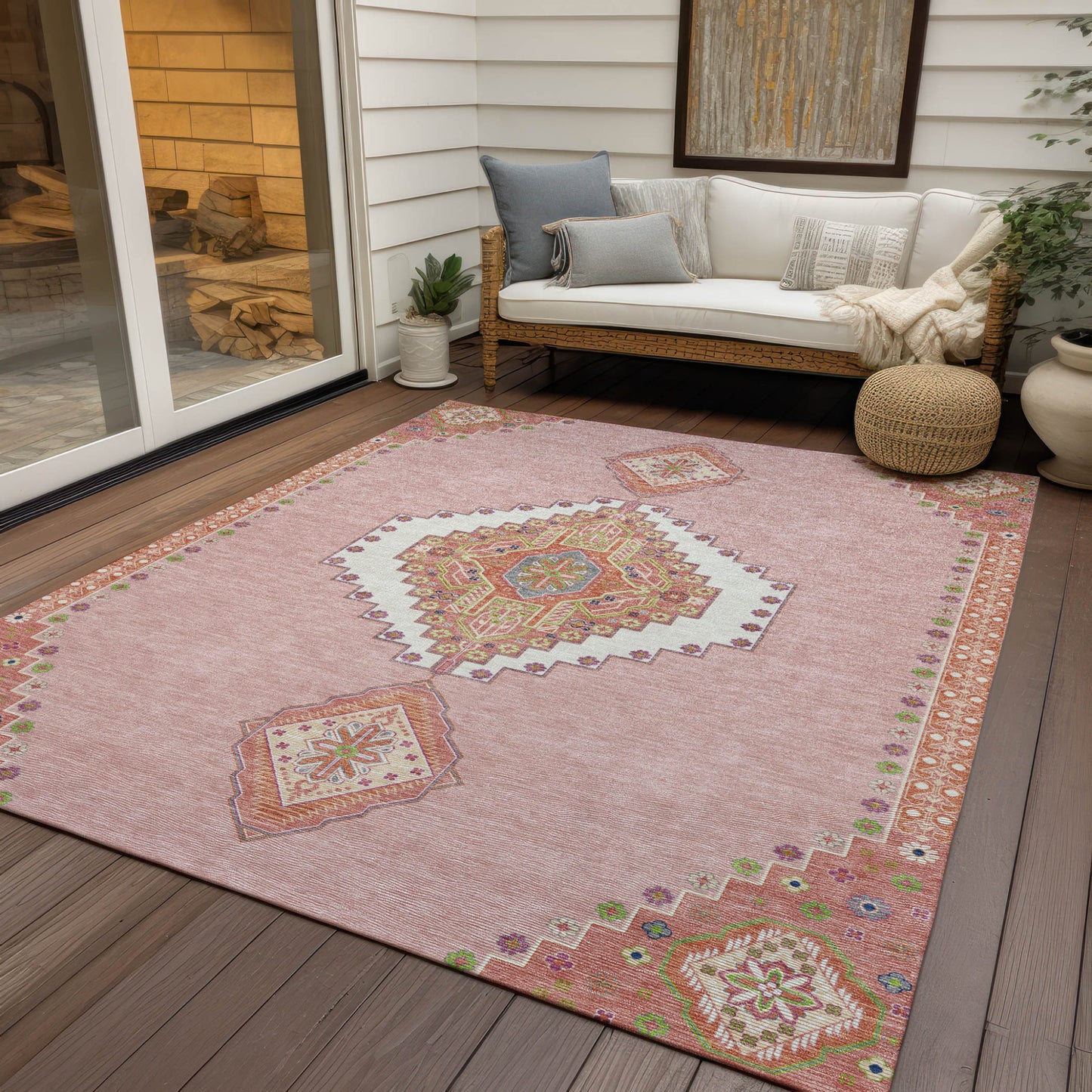 10' X 14' Pink Green And Ivory Oriental Washable Indoor Outdoor Area Rug-7