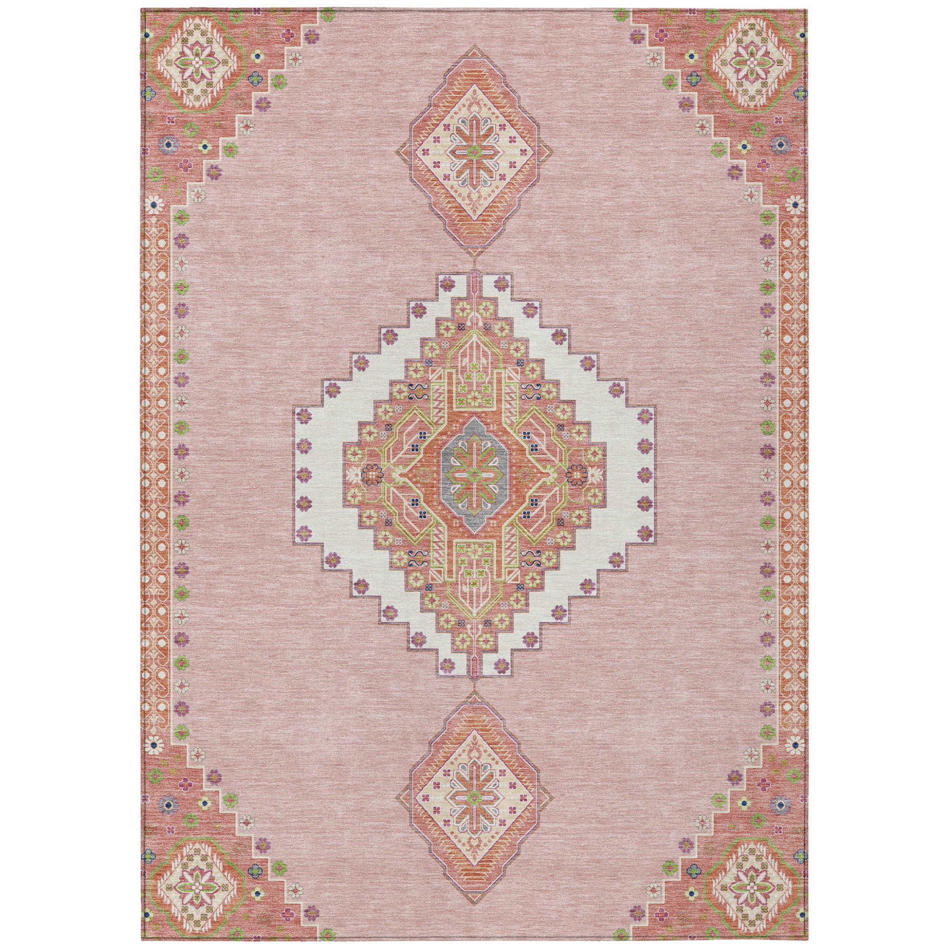 10' X 14' Pink Green And Ivory Oriental Washable Indoor Outdoor Area Rug-1