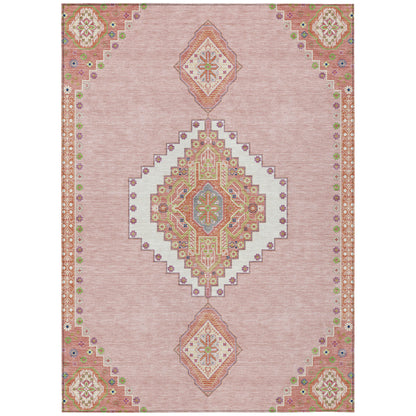 10' X 14' Pink Green And Ivory Oriental Washable Indoor Outdoor Area Rug-1