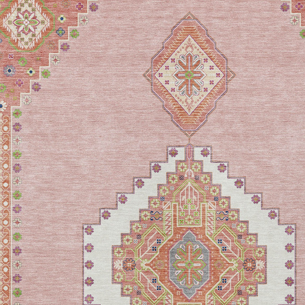 10' X 14' Pink Green And Ivory Oriental Washable Indoor Outdoor Area Rug-4