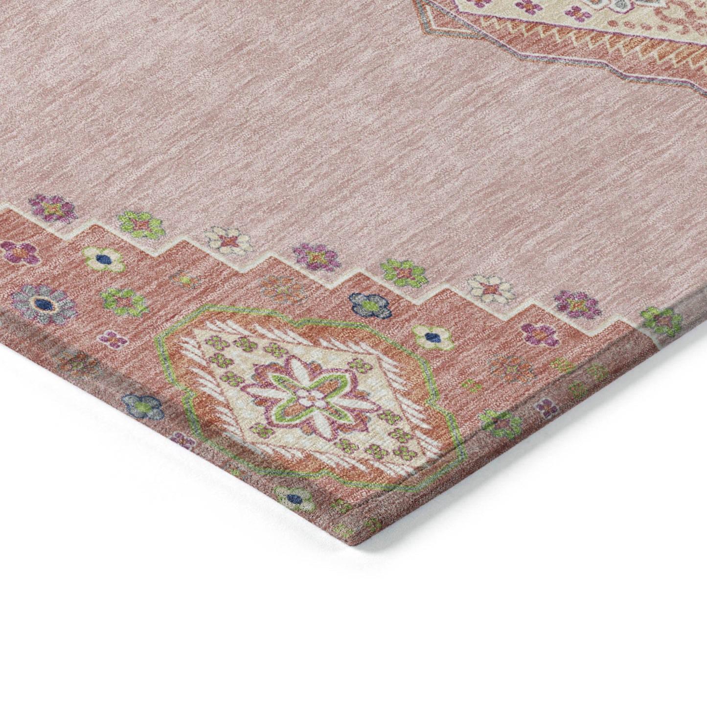 10' X 14' Pink Green And Ivory Oriental Washable Indoor Outdoor Area Rug-3