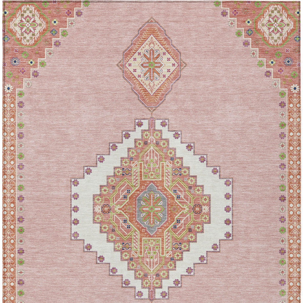 10' X 14' Pink Green And Ivory Oriental Washable Indoor Outdoor Area Rug-6