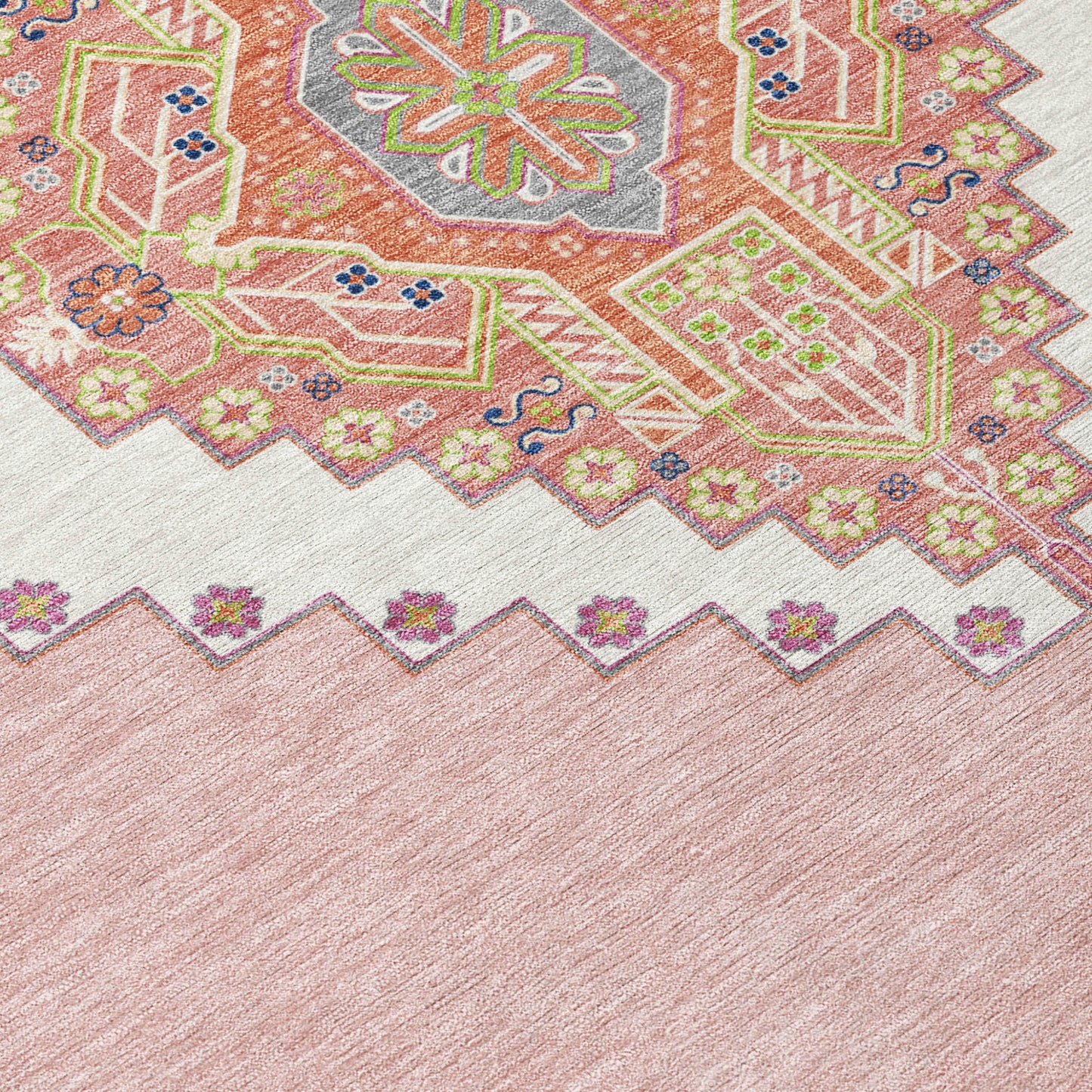 10' X 14' Pink Green And Ivory Oriental Washable Indoor Outdoor Area Rug-5