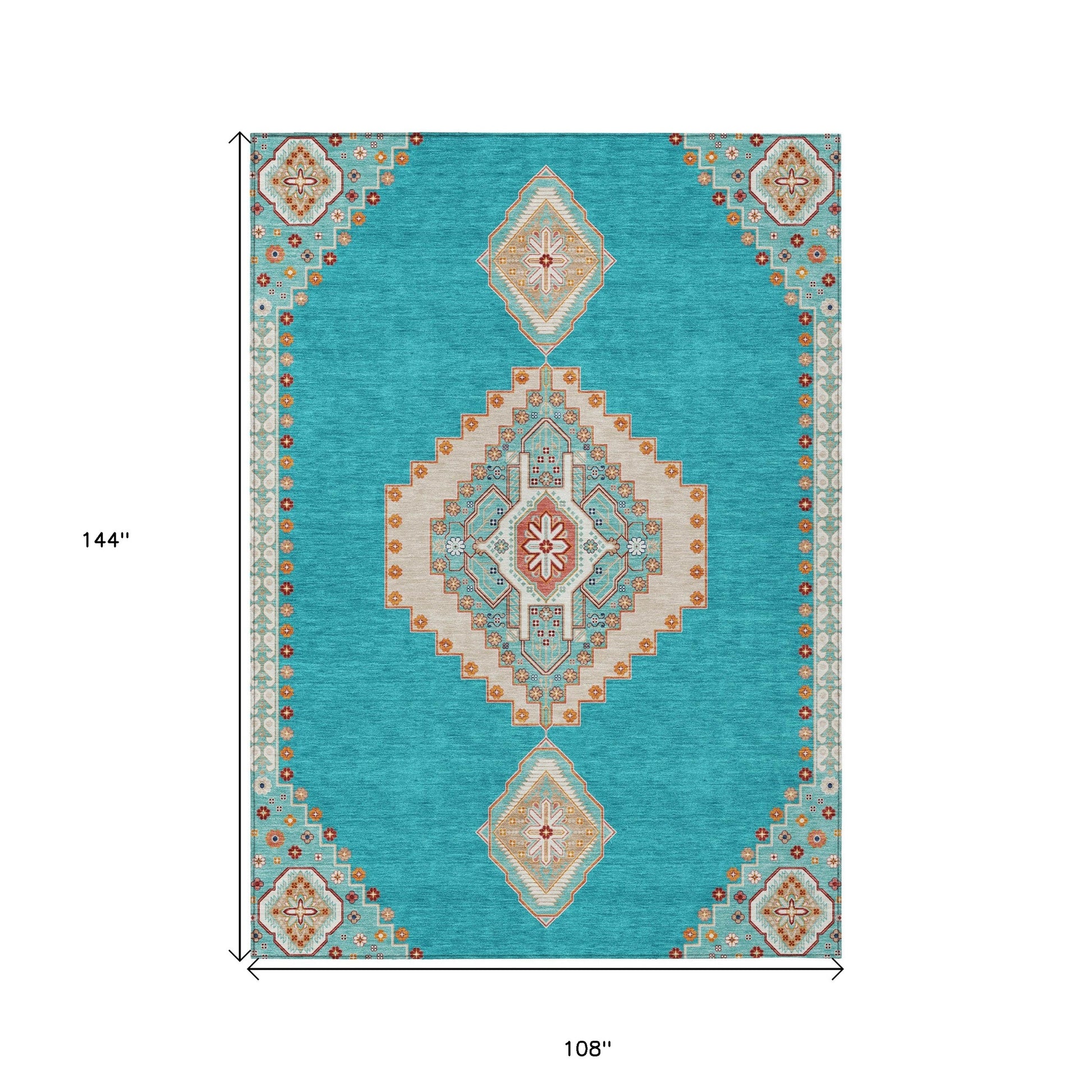 9' X 12' Teal Blue Brown And Ivory Oriental Washable Indoor Outdoor Area Rug-2