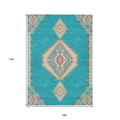 9' X 12' Teal Blue Brown And Ivory Oriental Washable Indoor Outdoor Area Rug-2