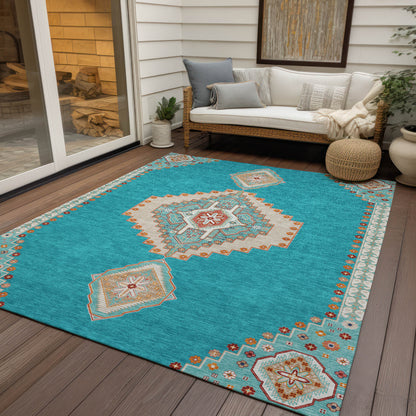 9' X 12' Teal Blue Brown And Ivory Oriental Washable Indoor Outdoor Area Rug-7