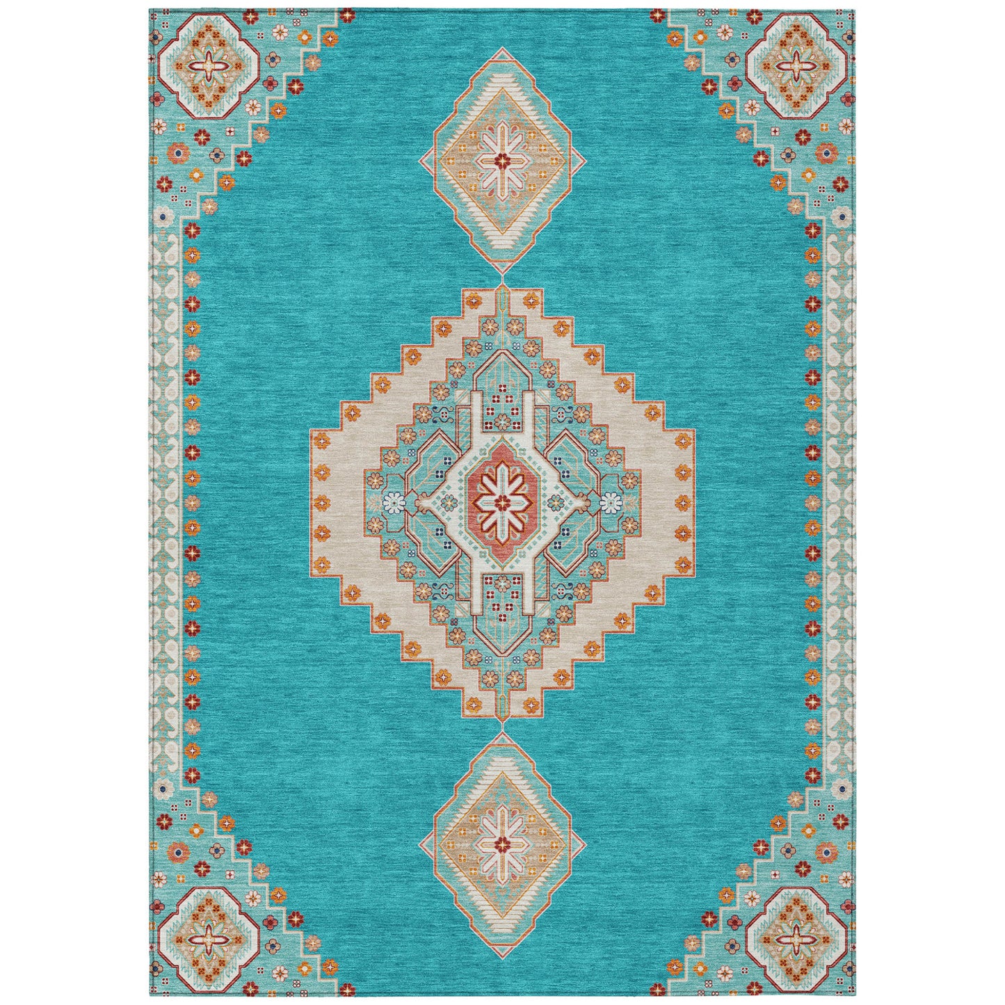 9' X 12' Teal Blue Brown And Ivory Oriental Washable Indoor Outdoor Area Rug-1